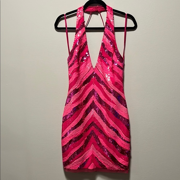LIV FOSTER V-Neck Halter Sequin Stripe Pink Mini Dress, Size 6 - Picture 4 of 12